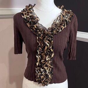 y2k brown ruffle cheetah print top small